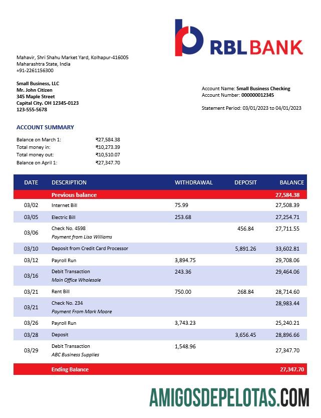 Realista RBL Bank Enterprise modelo de extrato de conta Word e PDF